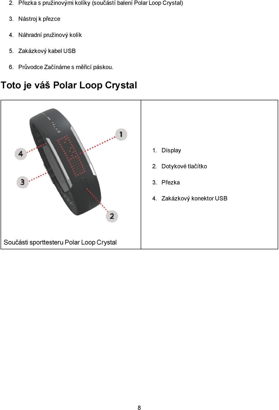 Průvodce Začínáme s měřicí páskou. Toto je váš Polar Loop Crystal 1. Display 2.