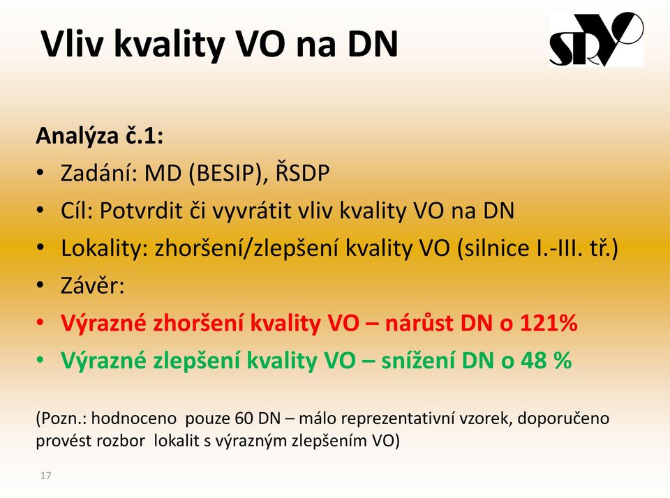 zhoršení/zlepšení kvality VO (silnice I.-III. tř.