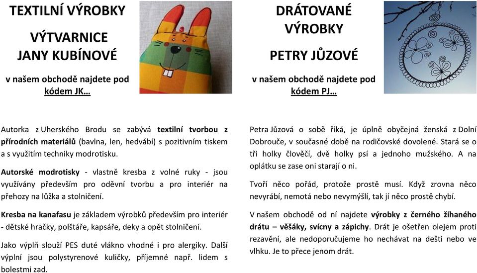 Kresba na kanafasu je základem výrobků především pro interiér - dětské hračky, polštáře, kapsáře, deky a opět stolničení. Jako výplň slouží PES duté vlákno vhodné i pro alergiky.