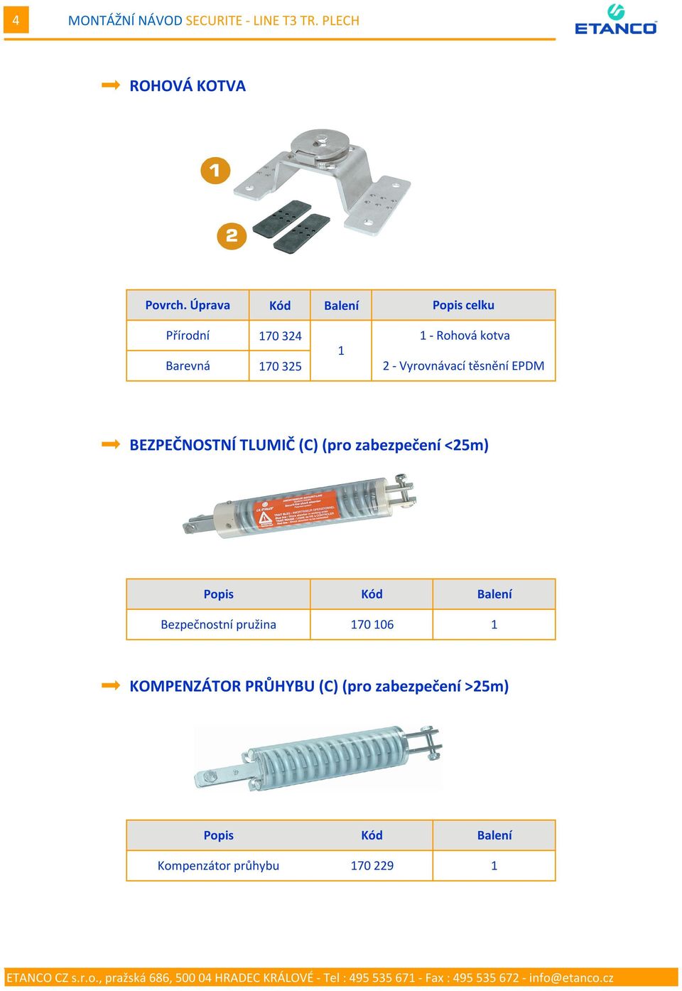 BEZPEČNOSTNÍ TLUMIČ (C) (pro zabezpečení <25m) Popis Kód Balení Bezpečnostní pružina 70 06 KOMPENZÁTOR PRŮHYBU