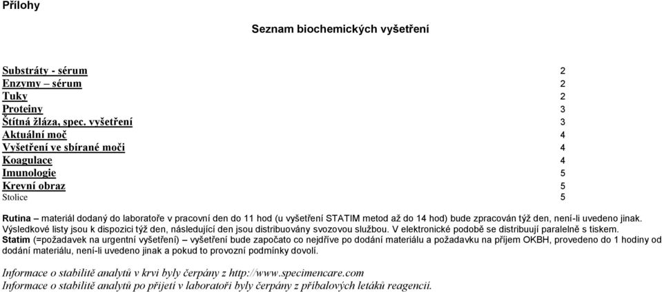 14 hod) bude zpracován týž den, není-li uvedeno jinak. Výsledkové listy jsou k dispozici týž den, následující den jsou distribuovány svozovou službou.