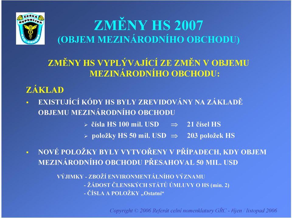 USD 203 položek HS NOVÉ POLOŽKY BYLY VYTVOŘENY V PŘÍPADECH, KDY OBJEM MEZINÁRODNÍHO OBCHODU PŘESAHOVAL 50 MIL.