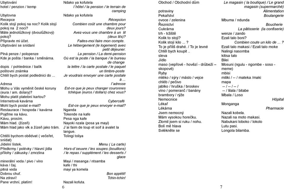 .. Adresa Mohu u Vás vyměnit české koruny (eura / am. dolary)? Mohu platit platební kartou? Internetová kavárna Mohl bych poslat e-mail? Restaurace / hospoda / kavárna Pojďme na kávu. Kávu, prosím.