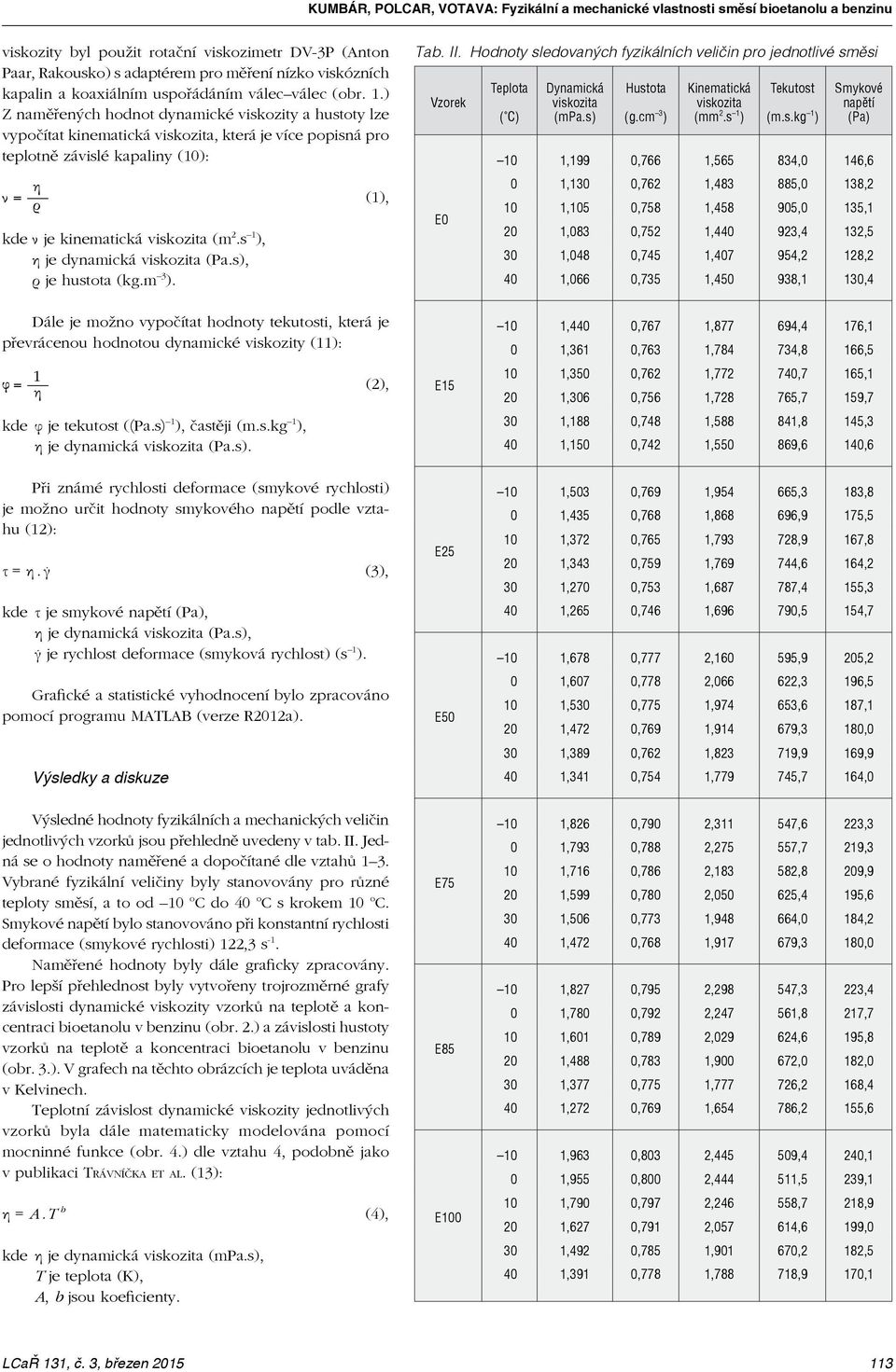 ) Z naměřených hodnot dynamické viskozity a hustoty lze vypočítat kinematická viskozita, která je více popisná pro teplotně závislé kapaliny (10): kde ν je kinematická viskozita (m 2.