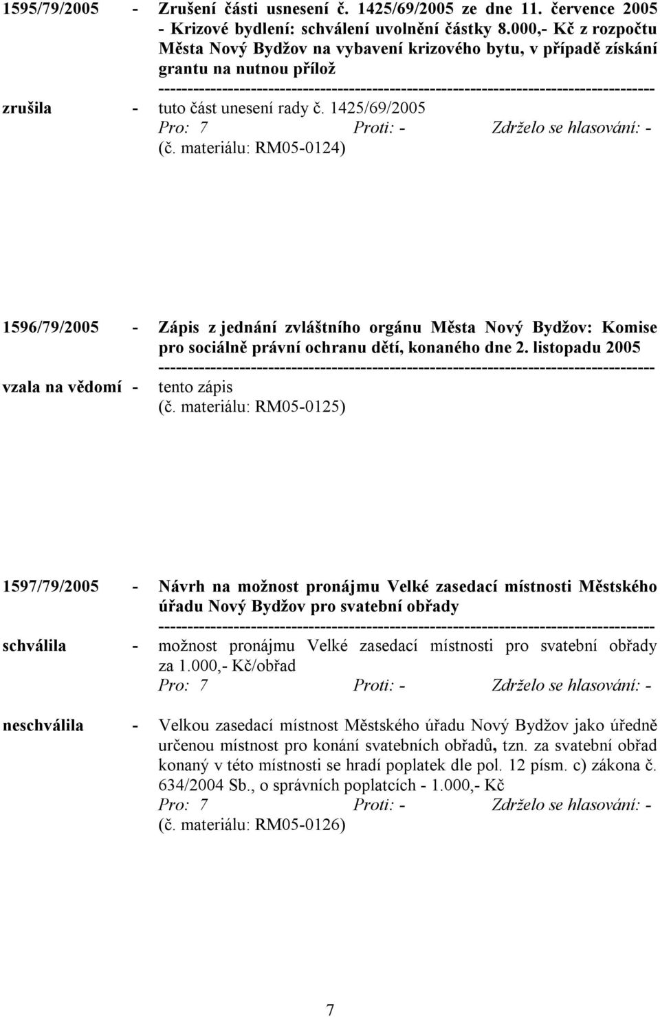 materiálu: RM05-0124) 1596/79/2005 - Zápis z jednání zvláštního orgánu Města Nový Bydžov: Komise pro sociálně právní ochranu dětí, konaného dne 2. listopadu 2005 vzala na vědomí - tento zápis (č.