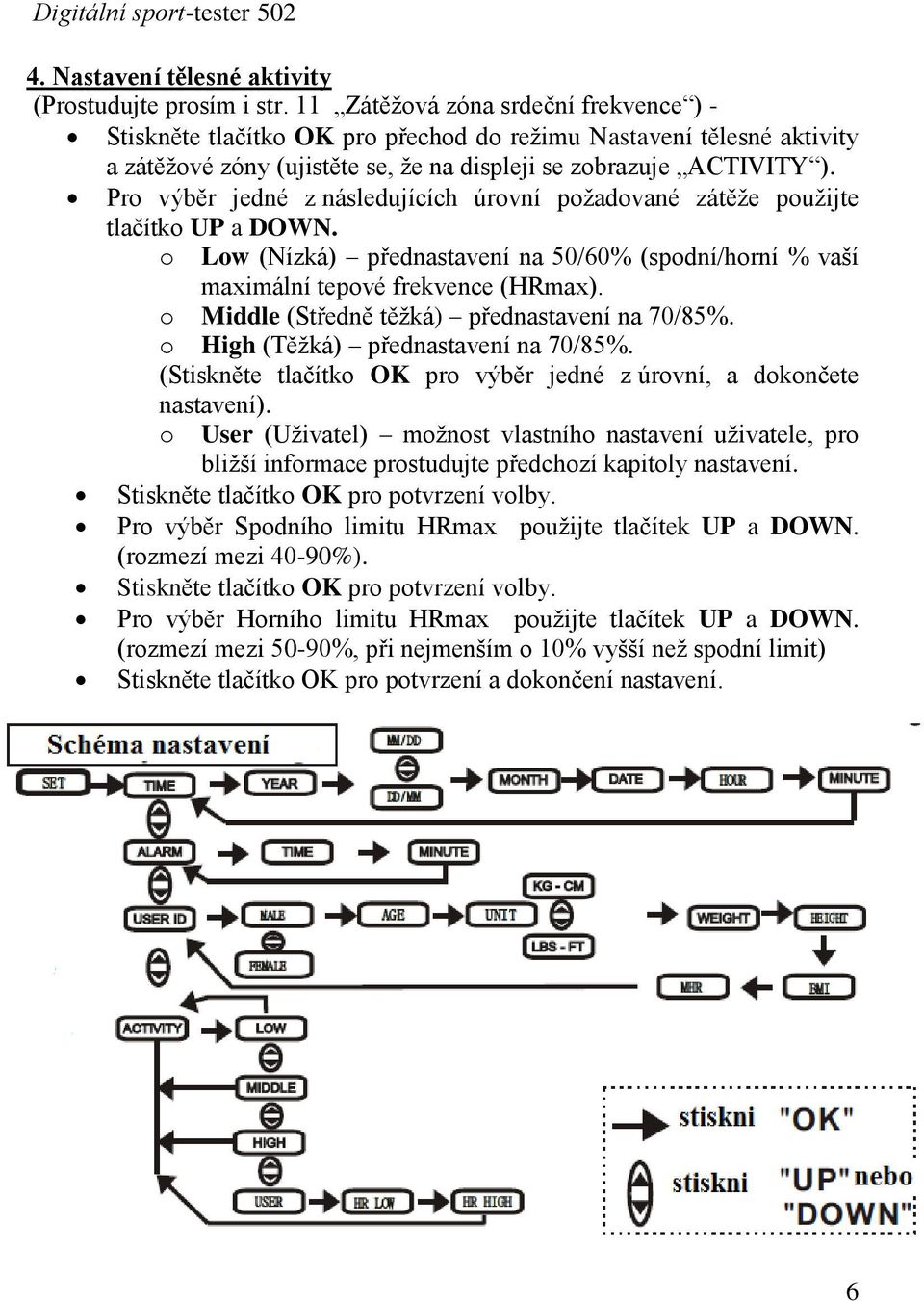 Pro výběr jedné z následujících úrovní poţadované zátěţe pouţijte tlačítko UP a DOWN. o Low (Nízká) přednastavení na 50/60% (spodní/horní % vaší maximální tepové frekvence (HRmax).