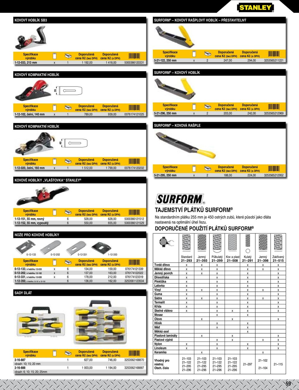 512,00 1 799,00 0076174120202 KOVOVÉ HOBLÍKY VLAŠTOVKA STANLEY 5-21-295, 250 mm x 2 188,00 224,00 3253565212952 1-12-151, 55 mm, rovný 6 528,00 628,00 5000366121512 1-12-152, 55 mm, vypouklý 6 550,00