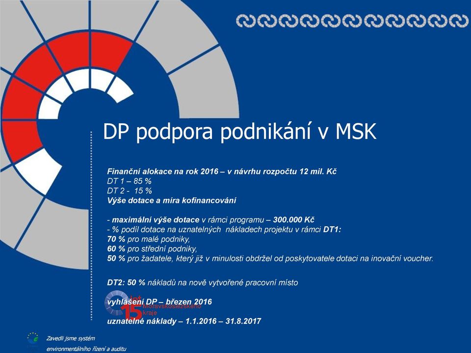 000 Kč - % podíl dotace na uznatelných nákladech projektu v rámci DT1: 70 % pro malé podniky, 60 % pro střední podniky, 50 %