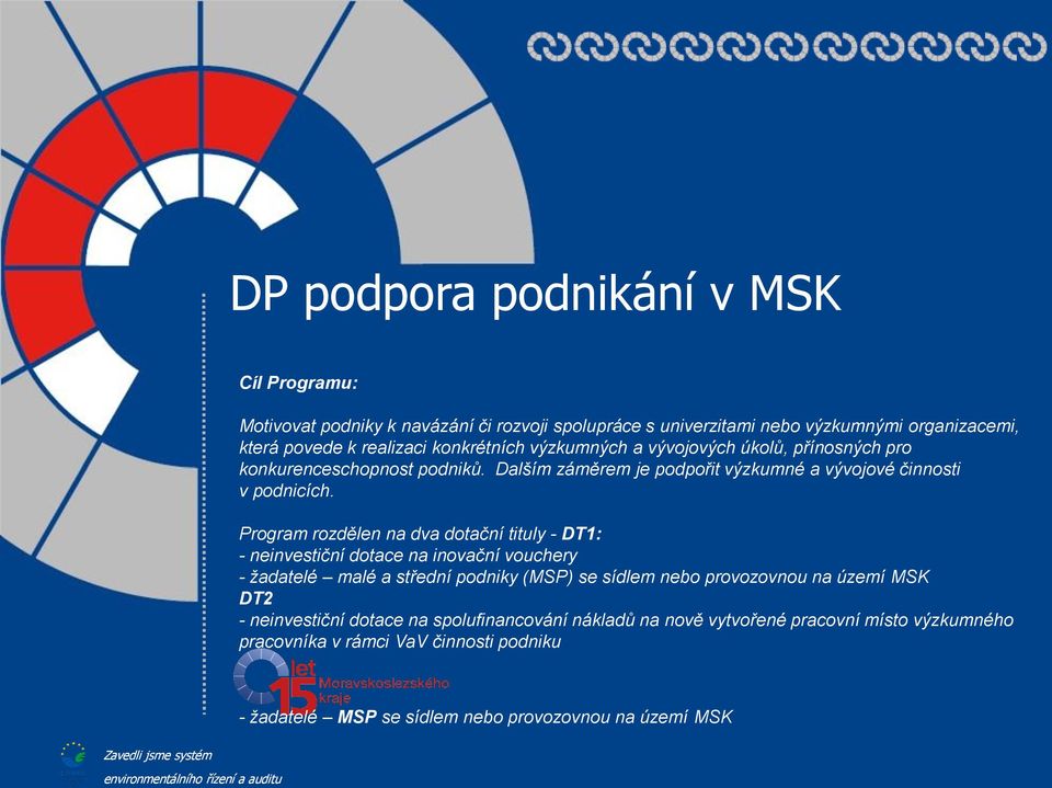 Program rozdělen na dva dotační tituly - DT1: - neinvestiční dotace na inovační vouchery - žadatelé malé a střední podniky (MSP) se sídlem nebo provozovnou na území MSK