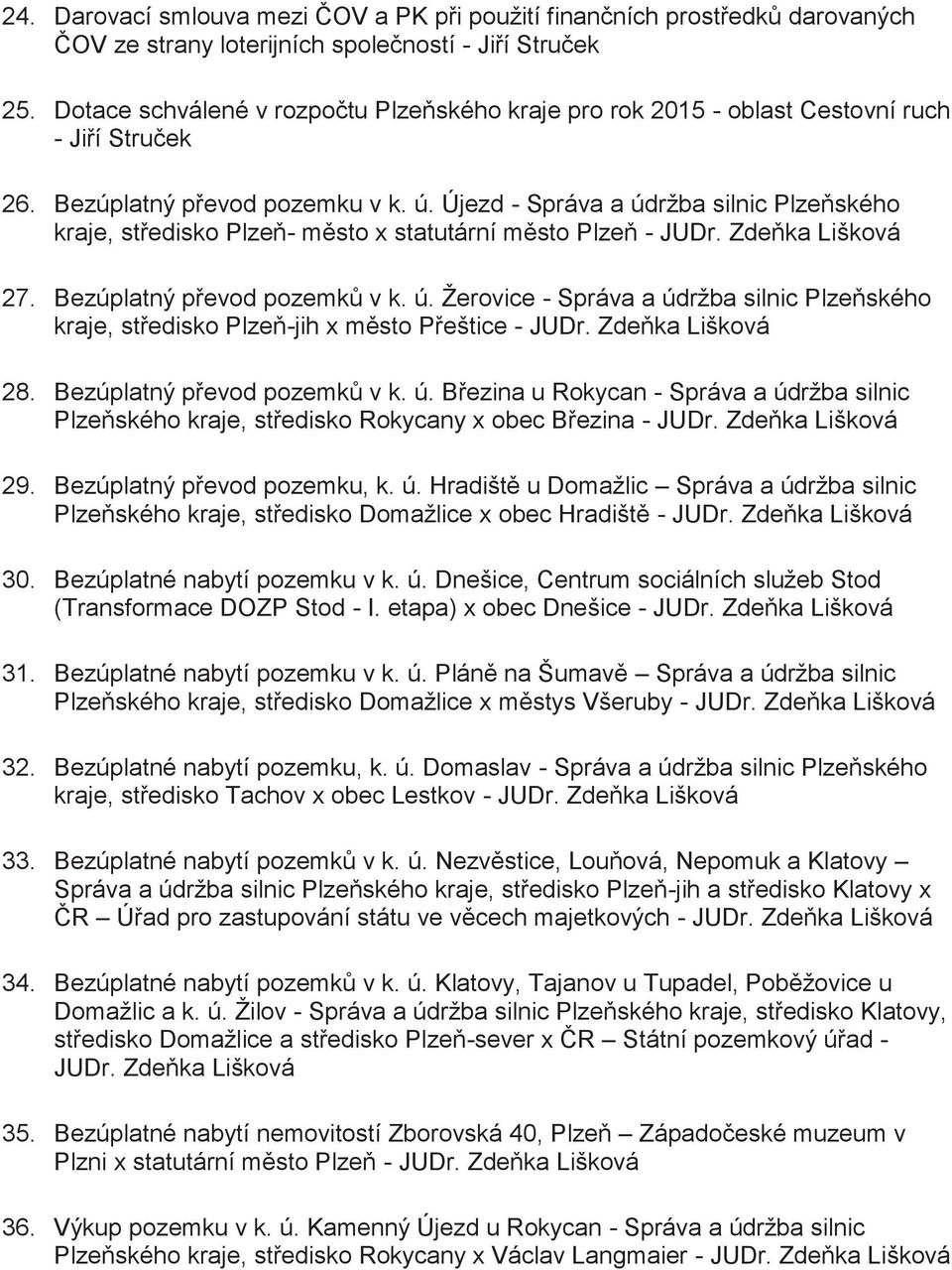 Újezd - Správa a údržba silnic Plzeňského kraje, středisko Plzeň- město x statutární město Plzeň - 27. Bezúplatný převod pozemků v k. ú. Žerovice - Správa a údržba silnic Plzeňského kraje, středisko Plzeň-jih x město Přeštice - 28.