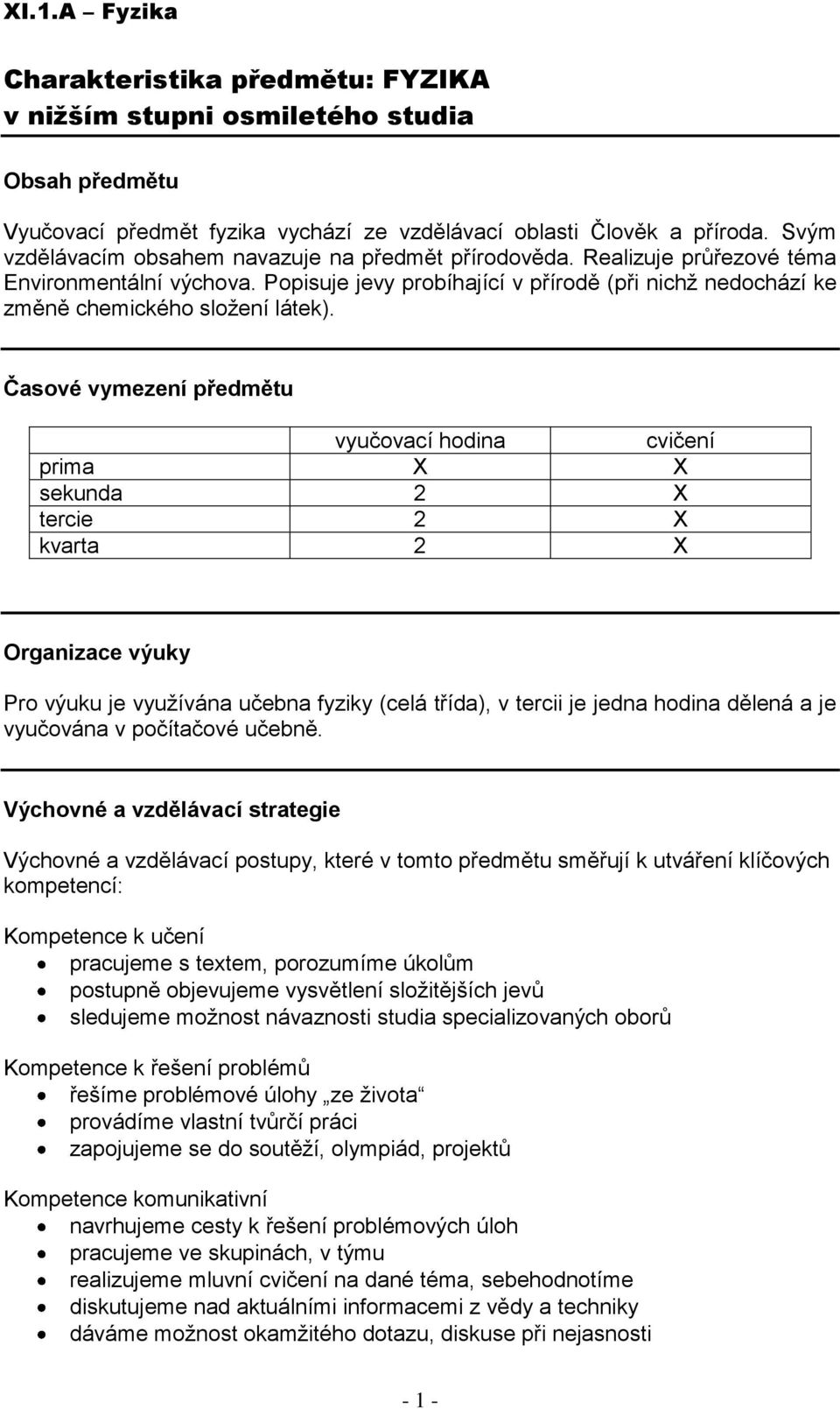 Časové vymezení předmětu vyučovací hodina cvičení prima X X sekunda 2 X tercie 2 X kvarta 2 X Organizace výuky Pro výuku je využívána učebna fyziky (celá třída), v tercii je jedna hodina dělená a je