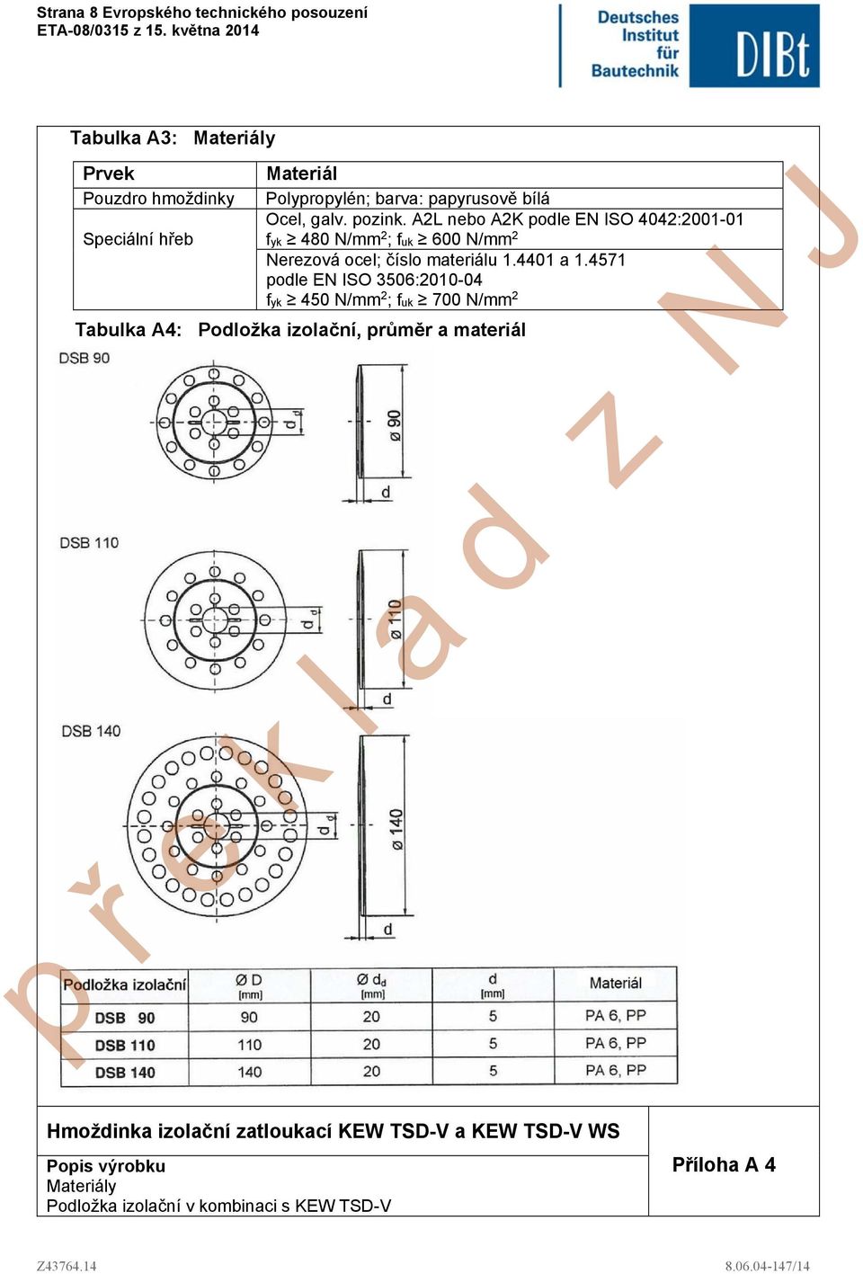 A2L nebo A2K podle EN ISO 4042:2001-01 fyk 480 N/mm 2 ; fuk 600 N/mm 2 Nerezová ocel; číslo materiálu 1.4401 a 1.