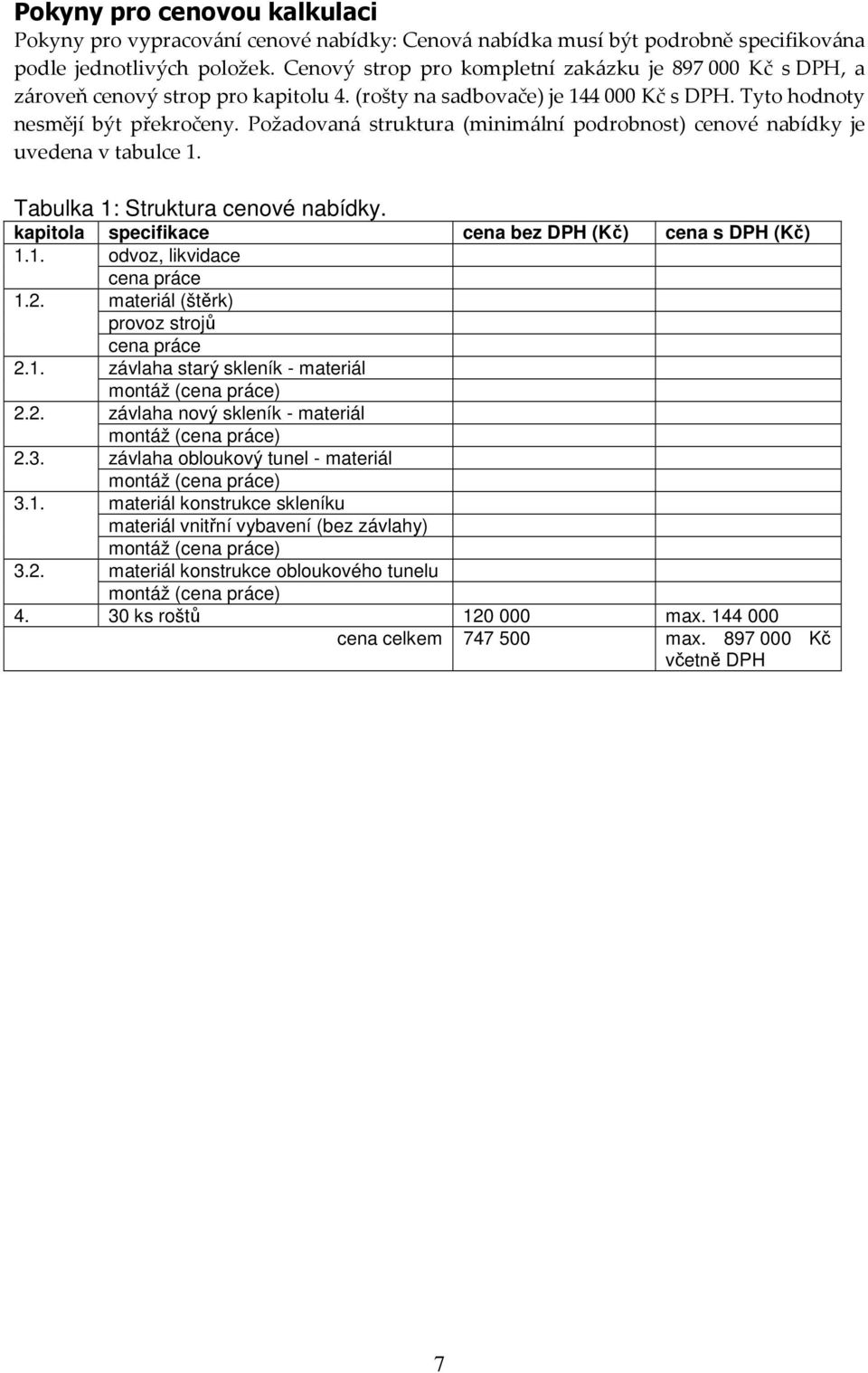 Požadovaná struktura (minimální podrobnost) cenové nabídky je uvedena v tabulce 1. Tabulka 1: Struktura cenové nabídky. kapitola specifikace cena bez DPH (Kč) cena s DPH (Kč) 1.1. odvoz, likvidace 1.