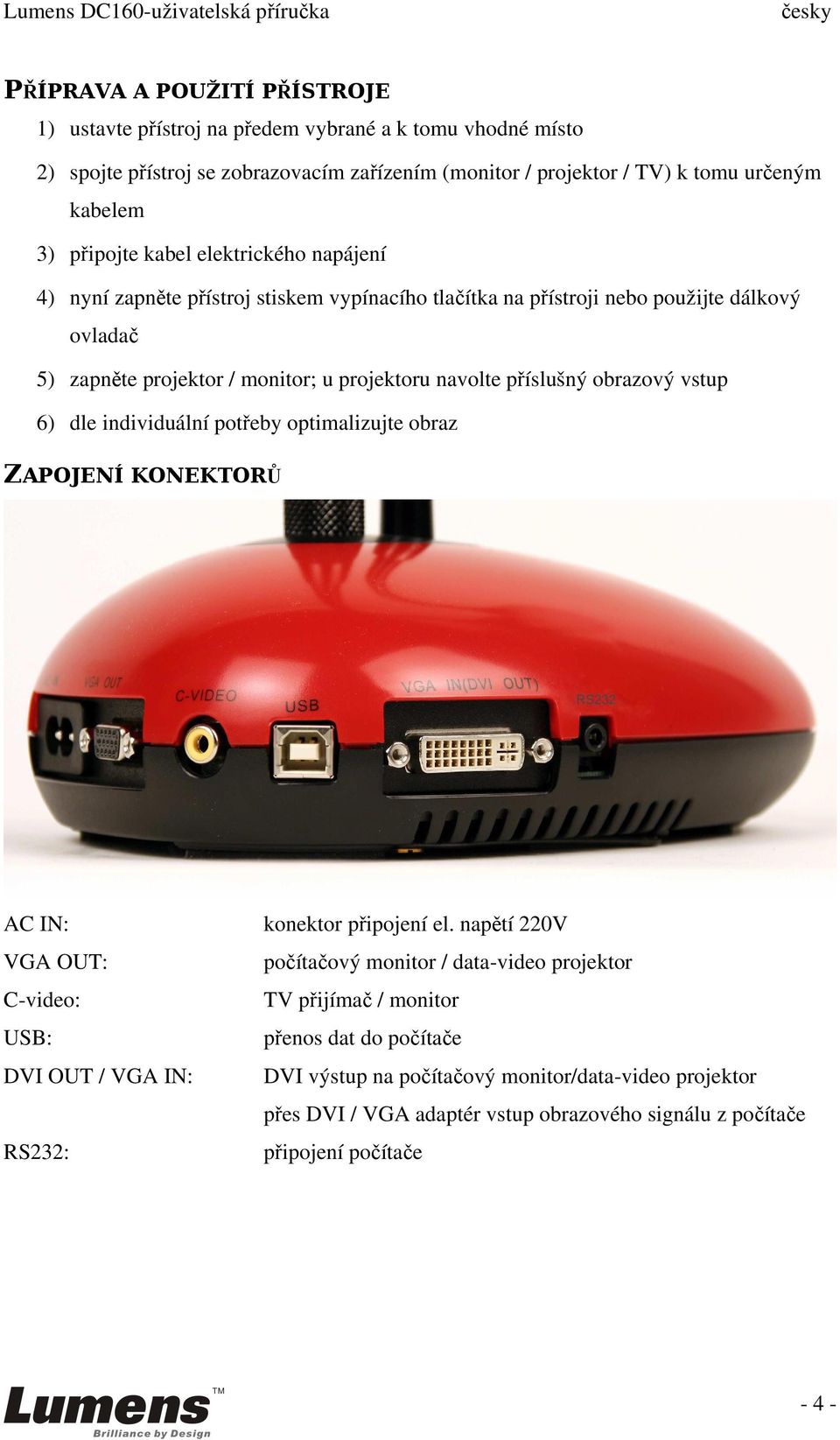 příslušný obrazový vstup 6) dle individuální potřeby optimalizujte obraz ZAPOJENÍ KONEKTORŮ AC IN: VGA OUT: C-video: USB: DVI OUT / VGA IN: RS232: konektor připojení el.