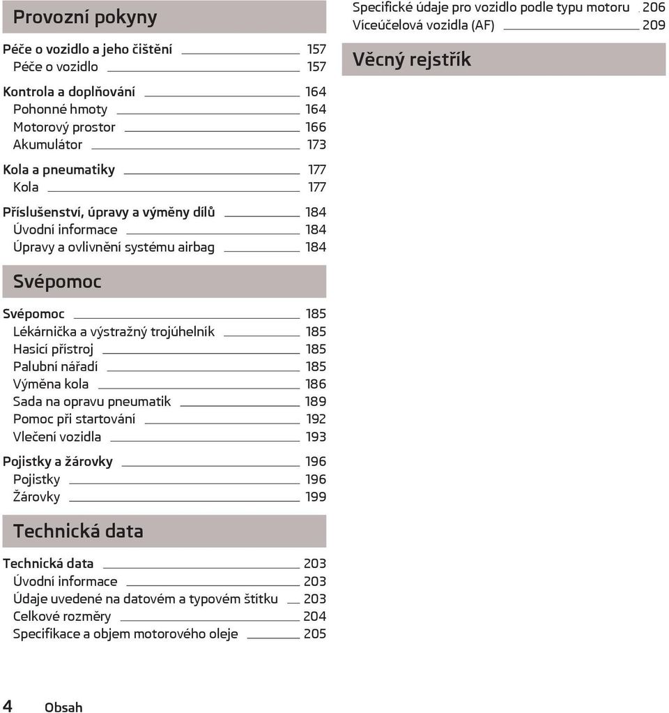Svépomoc 185 Lékárnička a výstražný trojúhelník 185 Hasicí přístroj 185 Palubní nářadí 185 Výměna kola 186 Sada na opravu pneumatik 189 Pomoc při startování 192 Vlečení vozidla 193 Pojistky a