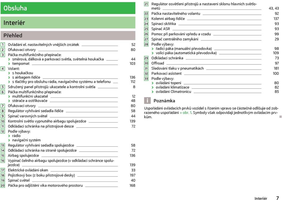 s tlačítky pro obsluhu rádia, navigačního systému a telefonu 112 Sdružený panel přístrojů: ukazatele a kontrolní světla 8 Páčka multifunkčního přepínače: multifunkční ukazatel 12 stěrače a