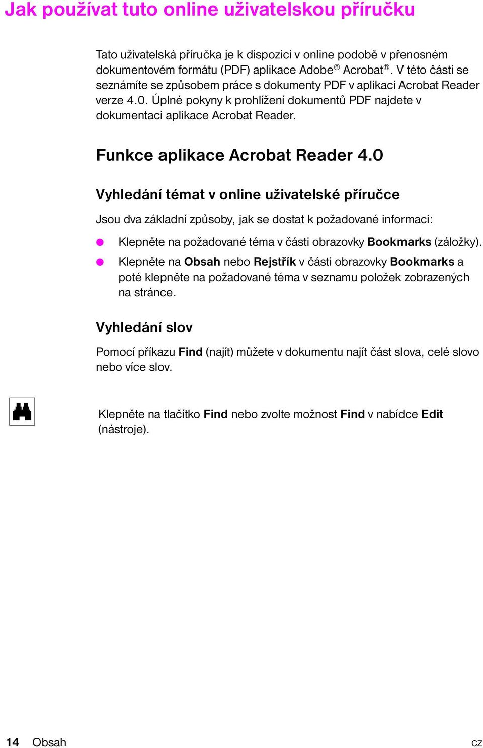 Funkce aplikace Acrobat Reader 4.