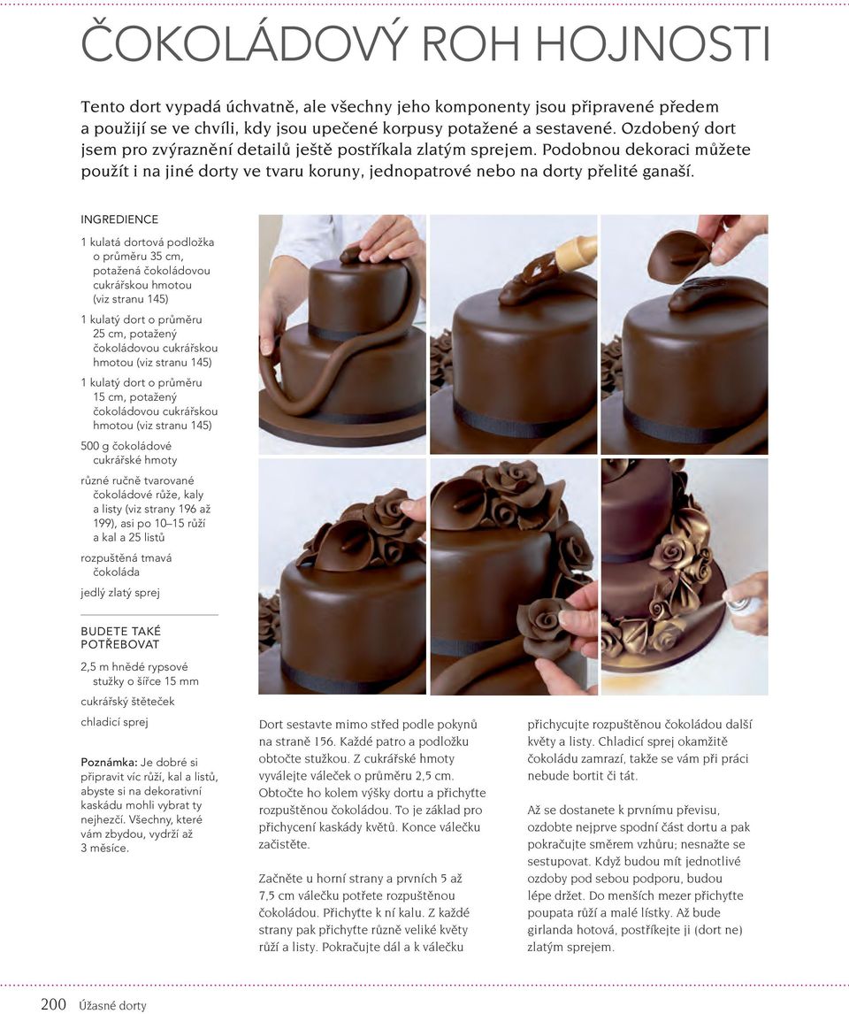 INGREDIENCE 1 kulatá dortová podložka o průměru 35 cm, potažená čokoládovou cukrářskou hmotou (viz stranu 145) 1 kulatý dort o průměru 25 cm, potažený čokoládovou cukrářskou hmotou (viz stranu 145) 1