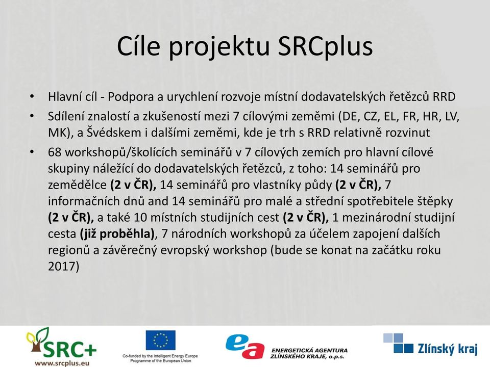 14 seminářů pro zemědělce (2 v ČR), 14 seminářů pro vlastníky půdy (2 v ČR), 7 informačních dnů and 14 seminářů pro malé a střední spotřebitele štěpky (2 v ČR), a také 10 místních
