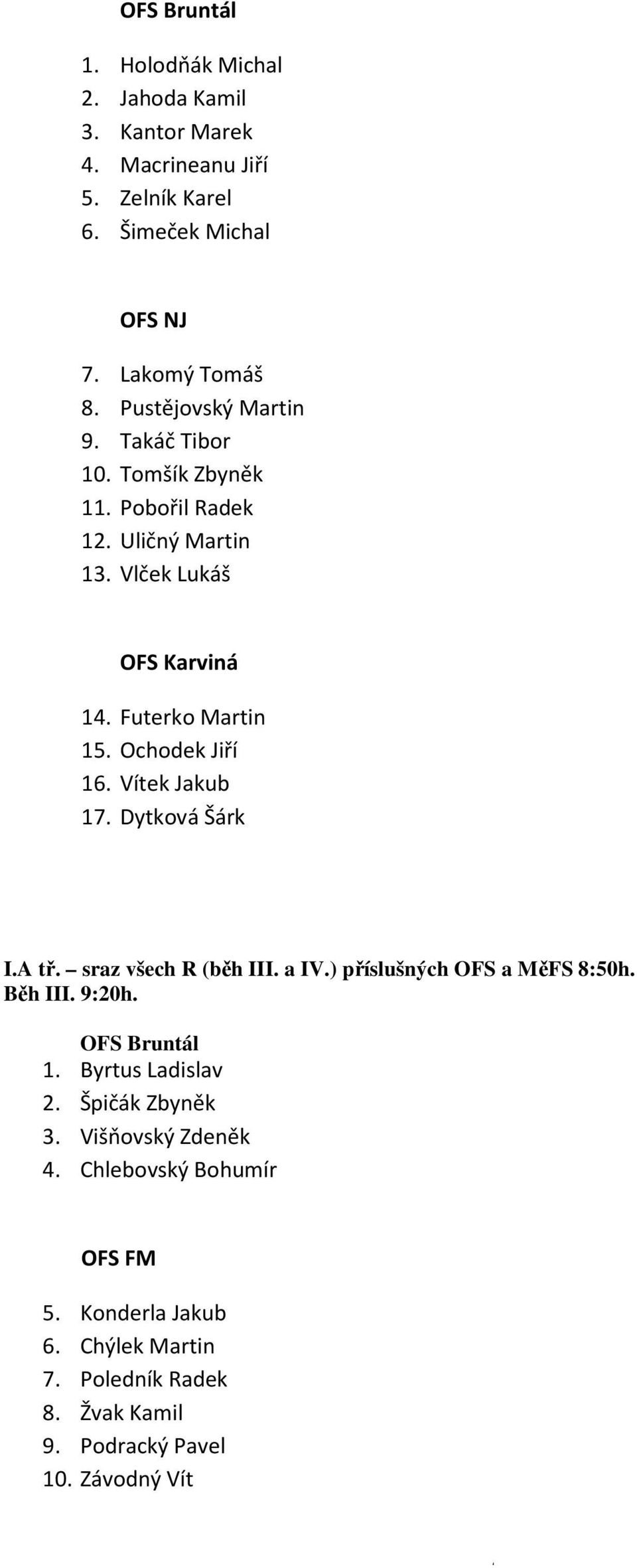 Ochodek Jiří 16. Vítek Jakub 17. Dytková Šárk I.A tř. sraz všech R (běh III. a IV.) příslušných OFS a MěFS 8:50h. Běh III. 9:20h. OFS Bruntál 1.