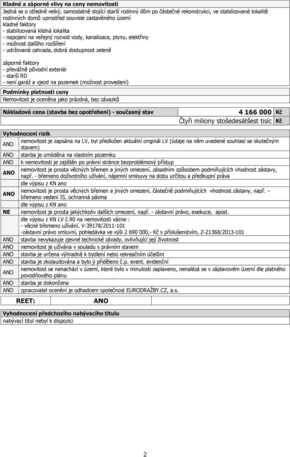 zeleně záporné faktory - převážně původní exteriér - starší RD - není garáž a vjezd na pozemek (možnost provedení) Podmínky platnosti ceny Nemovitost je oceněna jako prázdná, bez závazků Nákladová