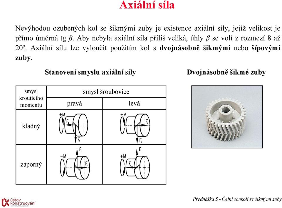 Axiálí sílu lze vylouči použiím kol s dvojásobě šikmými ebo šípovými zuby.