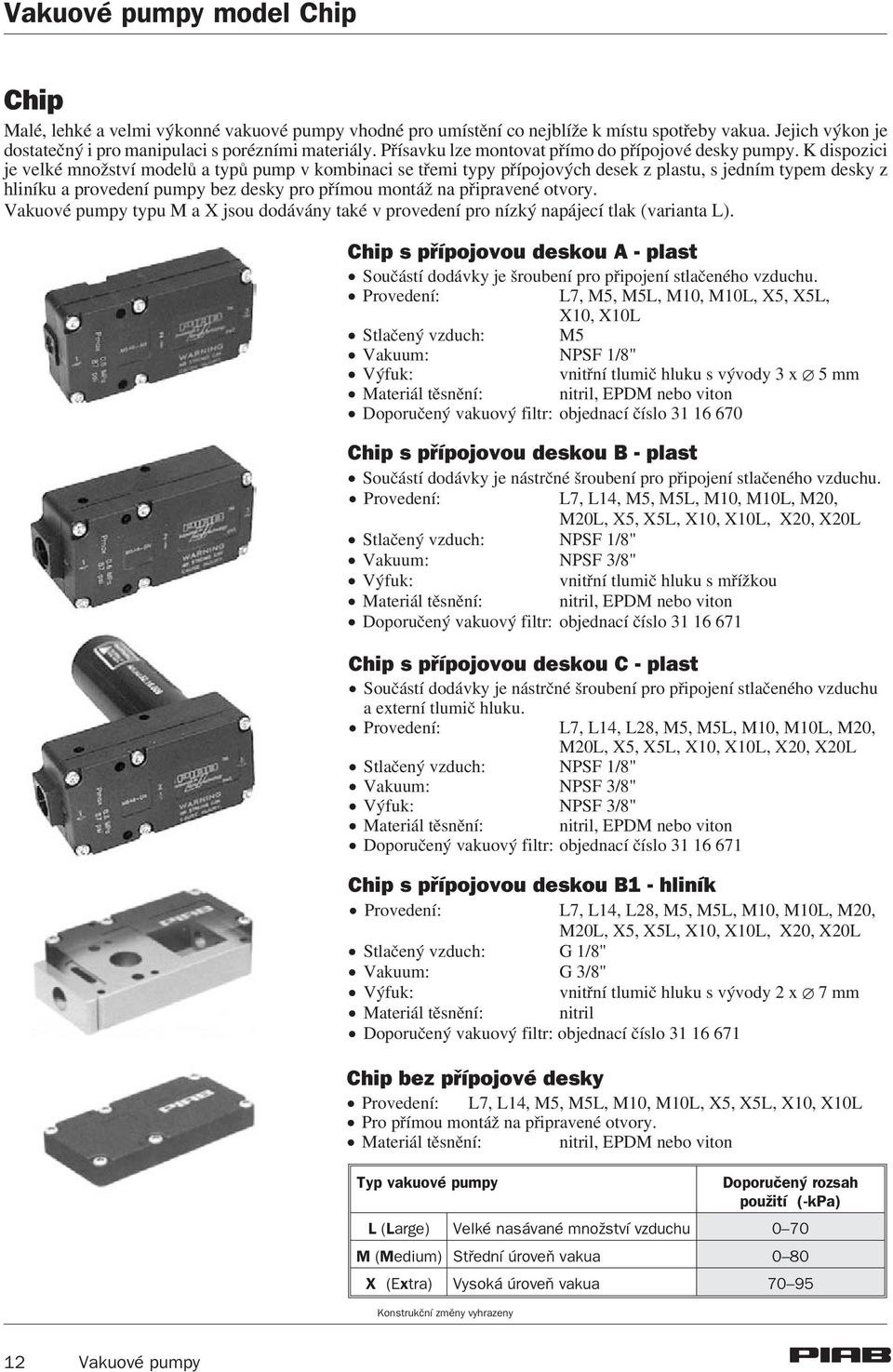 K dispozici je velké mno ství modelù a typù pump v kombinaci se tøemi typy pøípojových desek z plastu, s jedním typem desky z hliníku a provedení pumpy bez desky pro pøímou montá na pøipravené otvory.