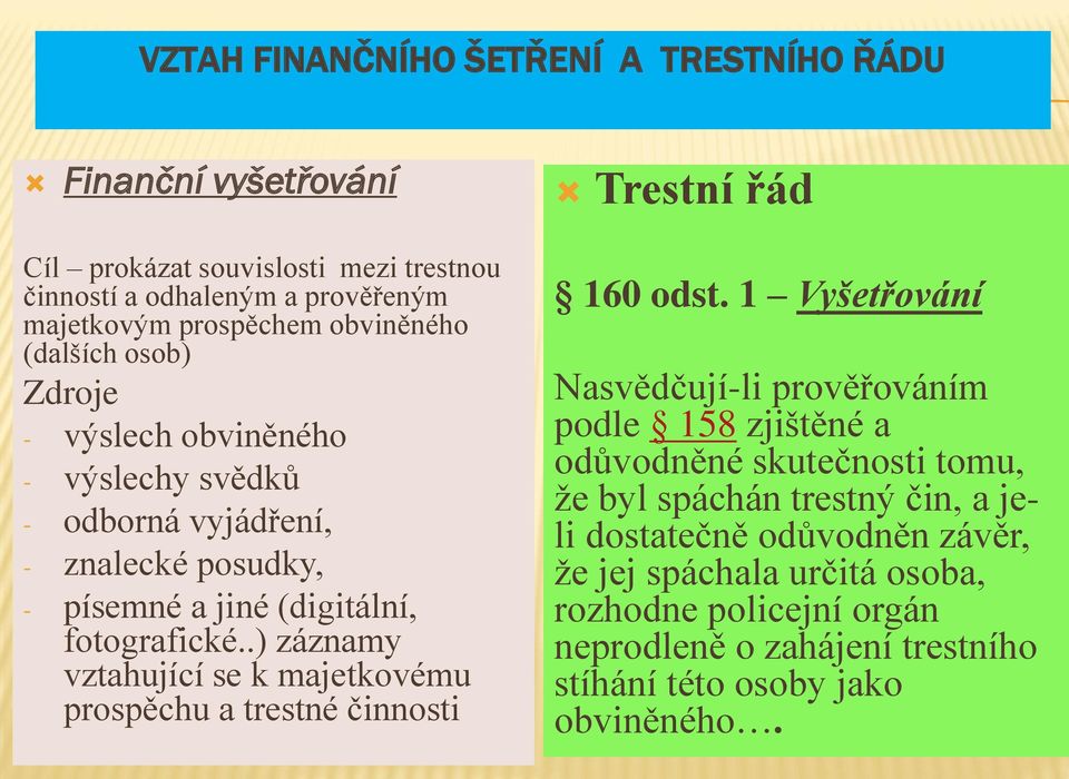 .) záznamy vztahující se k majetkovému prospěchu a trestné činnosti Trestní řád 160 odst.