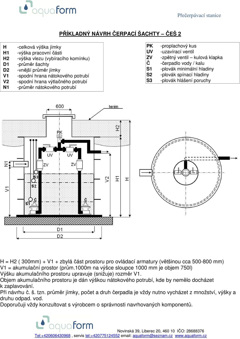 -plovák spínací hladiny S3 -plovák hlášení poruchy H = H2 ( 300mm) + V1 + zbylá část prostoru pro ovládací armatury (většinou cca 500-800 mm) V1 = akumulační prostor (prům.