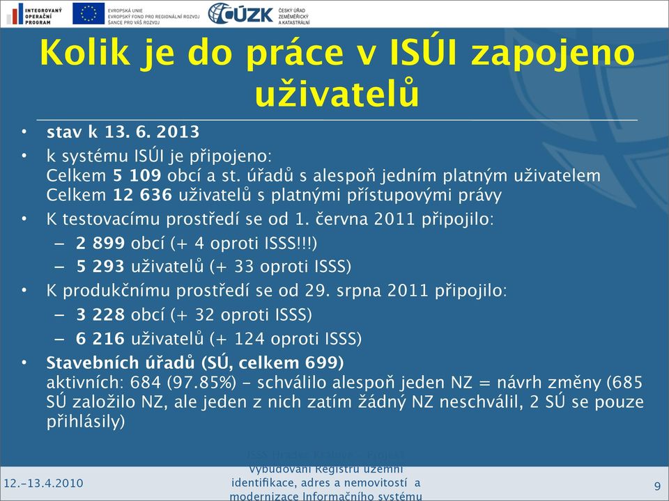 června 2011 připojilo: 2 899 obcí (+ 4 oproti ISSS!!!) 5 293 uživatelů (+ 33 oproti ISSS) K produkčnímu prostředí se od 29.