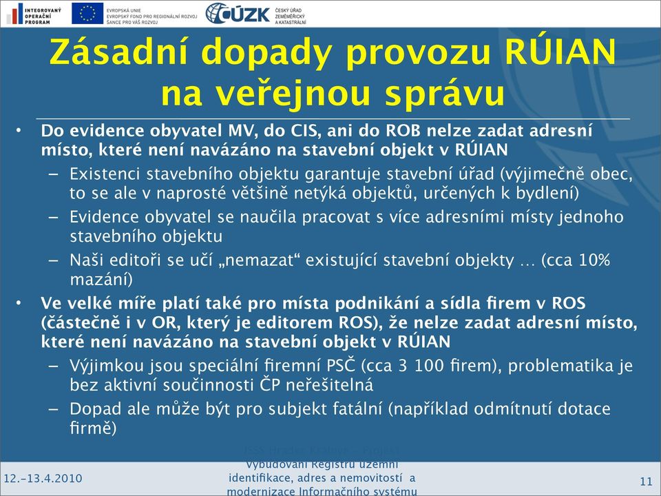 editoři se učí nemazat existující stavební objekty (cca 10% mazání) Ve velké míře platí také pro místa podnikání a sídla firem v ROS (částečně i v OR, který je editorem ROS), že nelze zadat adresní