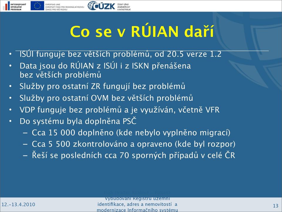 Služby pro ostatní OVM bez větších problémů VDP funguje bez problémů a je využíván, včetně VFR Do systému byla