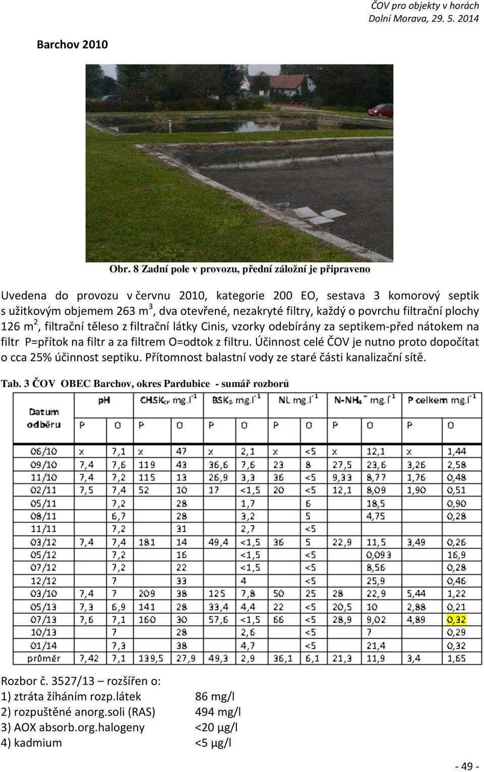 filtry, každý o povrchu filtrační plochy 126 m 2, filtrační těleso z filtrační látky Cinis, vzorky odebírány za septikem-před nátokem na filtr P=přítok na filtr a za filtrem O=odtok z