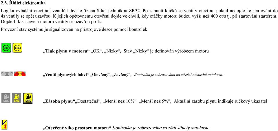 Provozní stav systému je signalizován na přístrojové desce pomocí kontrolek Tlak plynu v motoru OK, Nízký, Stav Nízký je definován výrobcem motoru Ventil plynových lahví Otevřený, Zavřený, Kontrolka