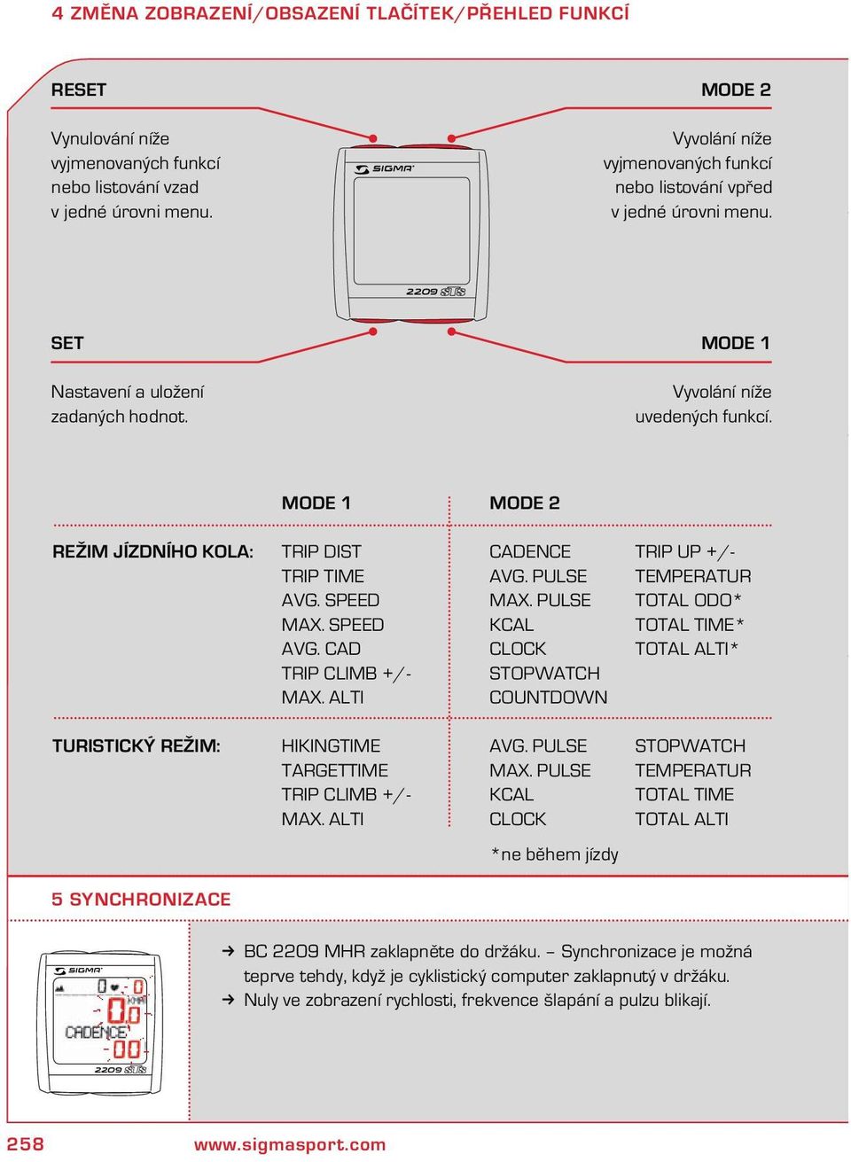 MODE 1 MODE 2 REŽIM JÍZDNÍHO KOLA: TRIP DIST CADENCE TRIP UP +/- TRIP TIME AVG. PULSE TEMPERATUR AVG. SPEED MAX. PULSE TOTAL ODO* MAX. SPEED KCAL TOTAL TIME* AVG.