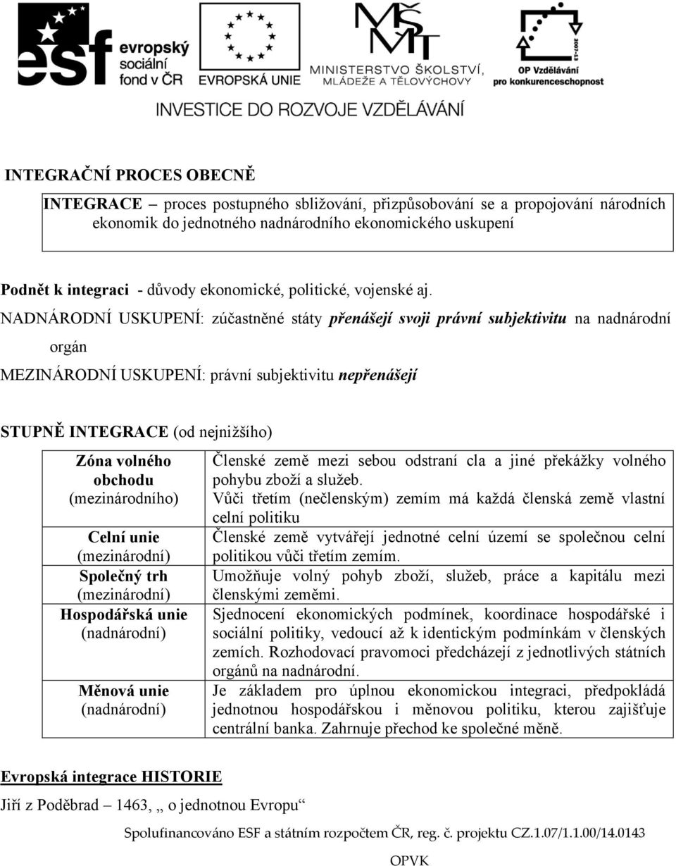 NADNÁRODNÍ USKUPENÍ: zúčastněné státy přenášejí svoji právní subjektivitu na nadnárodní orgán MEZINÁRODNÍ USKUPENÍ: právní subjektivitu nepřenášejí STUPNĚ INTEGRACE (od nejnižšího) Zóna volného