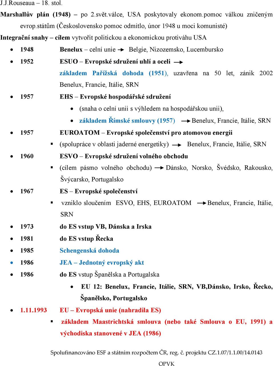 ESUO Evropské sdružení uhlí a oceli základem Pařížská dohoda (1951), uzavřena na 50 let, zánik 2002 Benelux, Francie, Itálie, SRN 1957 EHS Evropské hospodářské sdružení (snaha o celní unii s výhledem