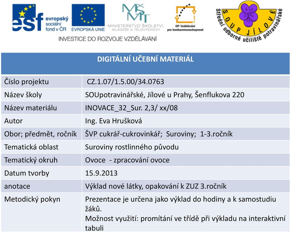 Eva Hrušková Obor; předmět, ročník ŠVP cukrář-cukrovinkář; Suroviny; 1-3.ročník Tematická oblast Tematický okruh Datum tvorby 15.9.