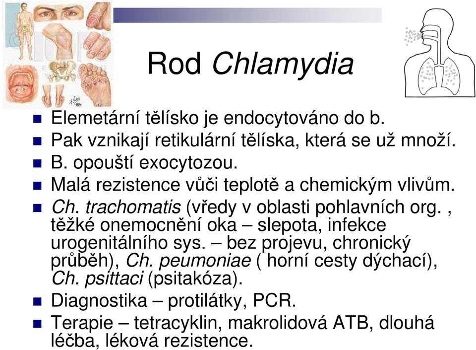 , těžké onemocnění oka slepota, infekce urogenitálního sys. bez projevu, chronický průběh), Ch.