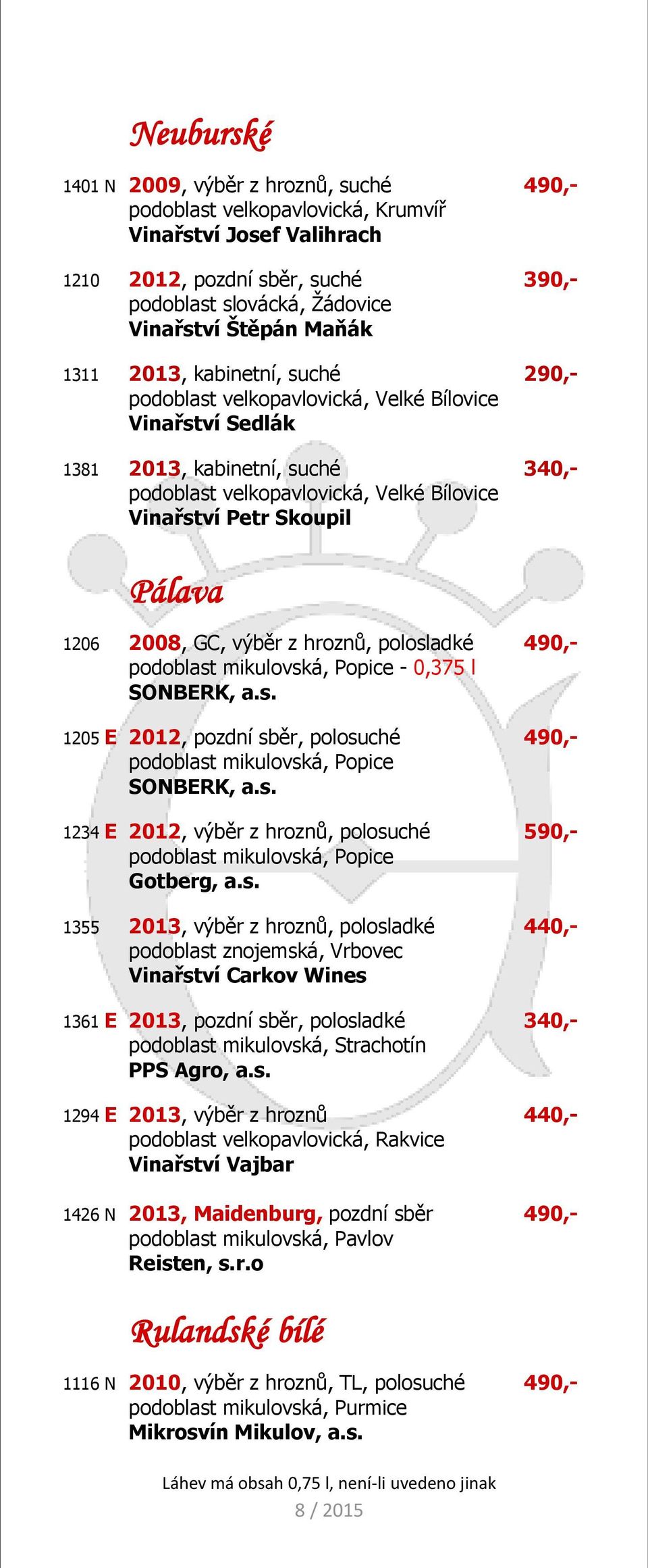 s. 1234 E 2012, výběr z hroznů, polosuché 590,- Gotberg, a.s. 1355 2013, výběr z hroznů, polosladké 440,- podoblast znojemská, Vrbovec Vinařství Carkov Wines 1361 E 2013, pozdní sběr, polosladké 340,- podoblast mikulovská, Strachotín PPS Agro, a.