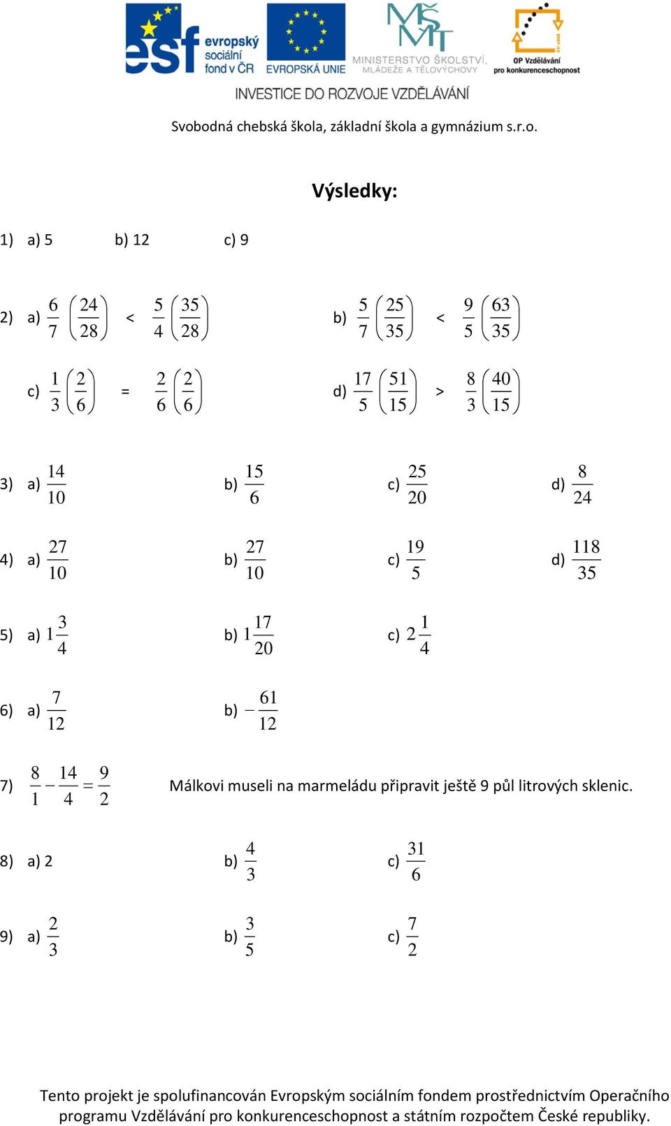 3 b) 4 c) 20 2 4 ) a) 2 b) 2 ) 8 4 9 = Málkovi museli na marmeládu