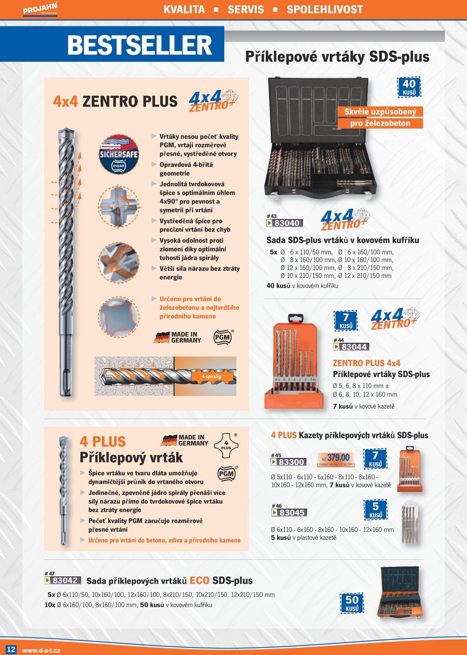 energie Určeno pro vrtání do železobetonu a nejtvrdšího přírodního kamene MADE IN GERMANY 4x4 ZENTRO+ # 4 8040 4x4 ZENTRO+ Sada SDS-plus vrtáků v kovovém kufříku 5x Ø 6 x 110/50 mm, Ø 6 x 160/100 mm,