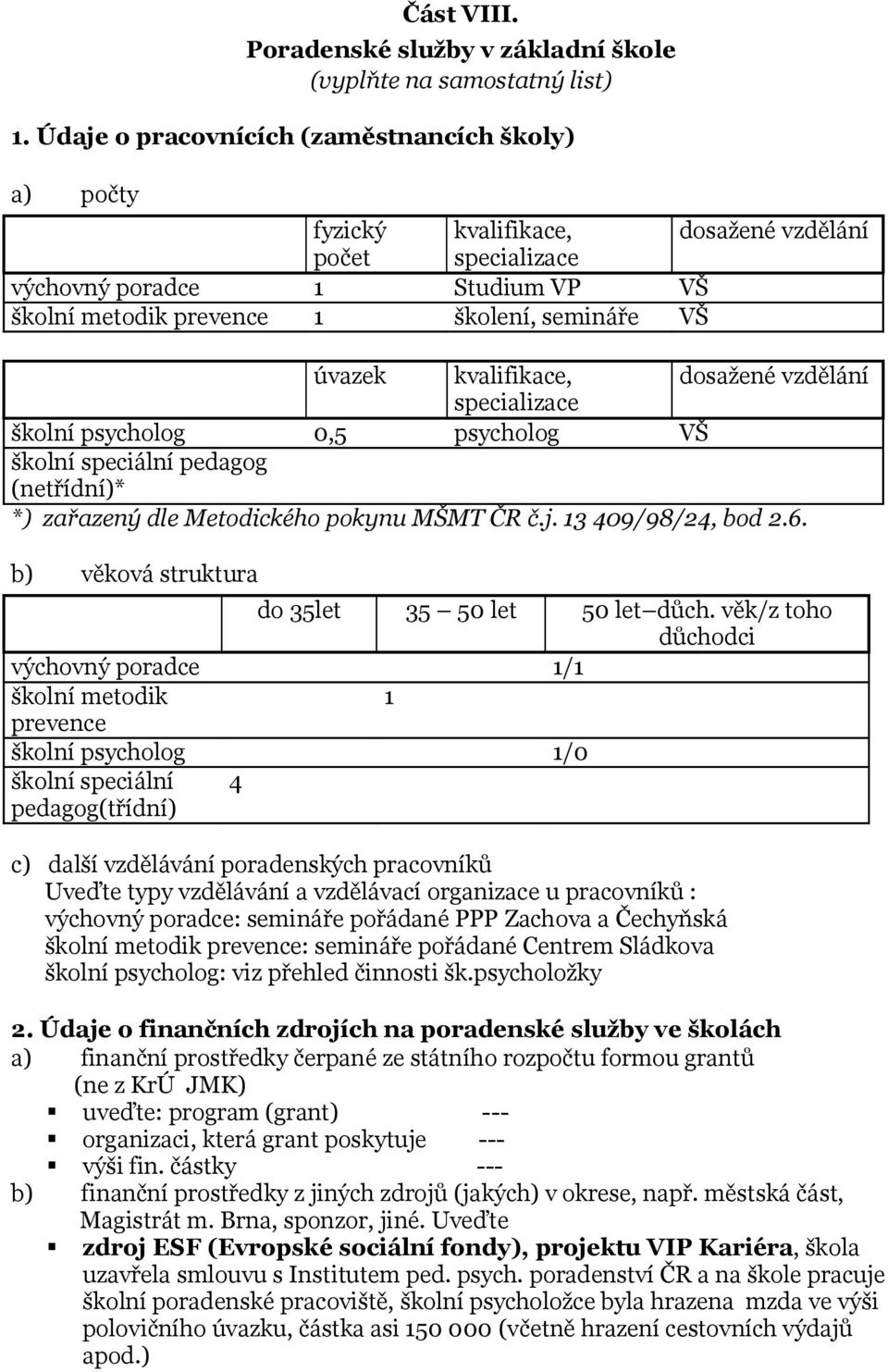 kvalifikace, dosažené vzdělání specializace školní psycholog 0,5 psycholog VŠ školní speciální pedagog (netřídní)* *) zařazený dle Metodického pokynu MŠMT ČR č.j. 13 409/98/24, bod 2.6.