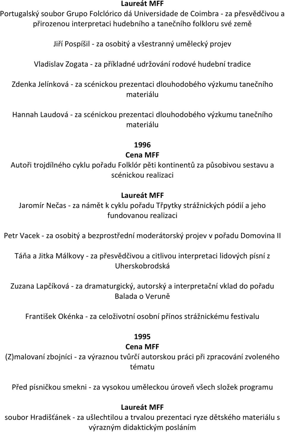 dlouhodobého výzkumu tanečního materiálu 1996 Autoři trojdílného cyklu pořadu Folklór pěti kontinentů za působivou sestavu a scénickou realizaci Jaromír Nečas - za námět k cyklu pořadu Třpytky