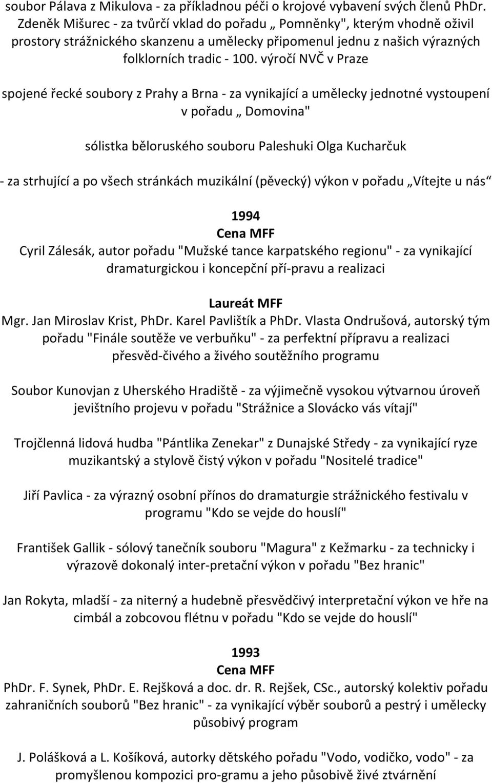 výročí NVČ v Praze spojené řecké soubory z Prahy a Brna - za vynikající a umělecky jednotné vystoupení v pořadu Domovina" sólistka běloruského souboru Paleshuki Olga Kucharčuk - za strhující a po