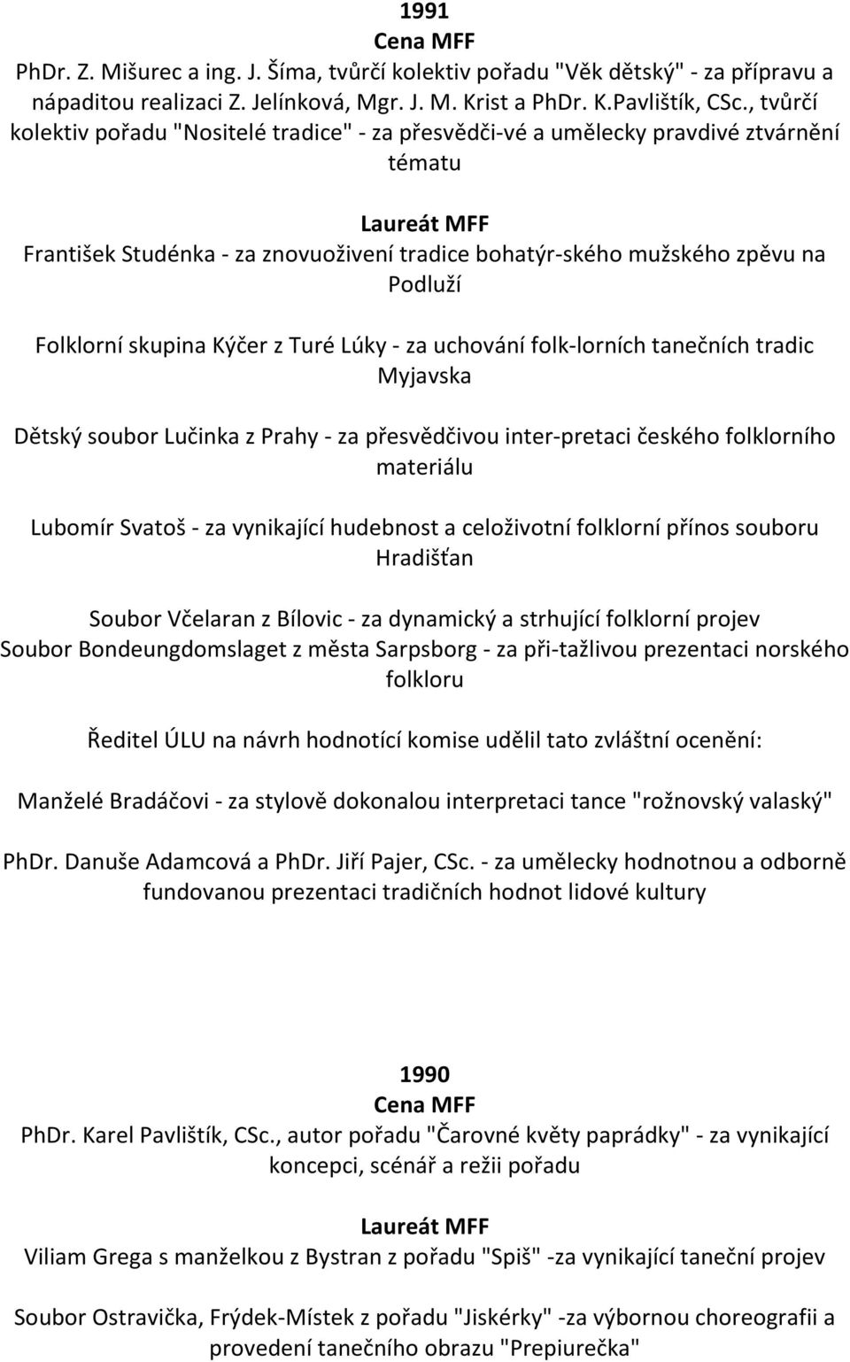 skupina Kýčer z Turé Lúky - za uchování folk lorních tanečních tradic Myjavska Dětský soubor Lučinka z Prahy - za přesvědčivou inter pretaci českého folklorního materiálu Lubomír Svatoš - za