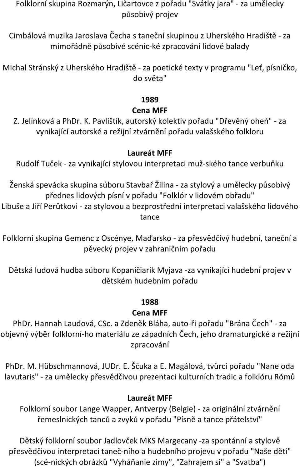 Pavlištík, autorský kolektiv pořadu "Dřevěný oheň" - za vynikající autorské a režijní ztvárnění pořadu valašského folkloru Rudolf Tuček - za vynikající stylovou interpretaci muž ského tance verbuňku