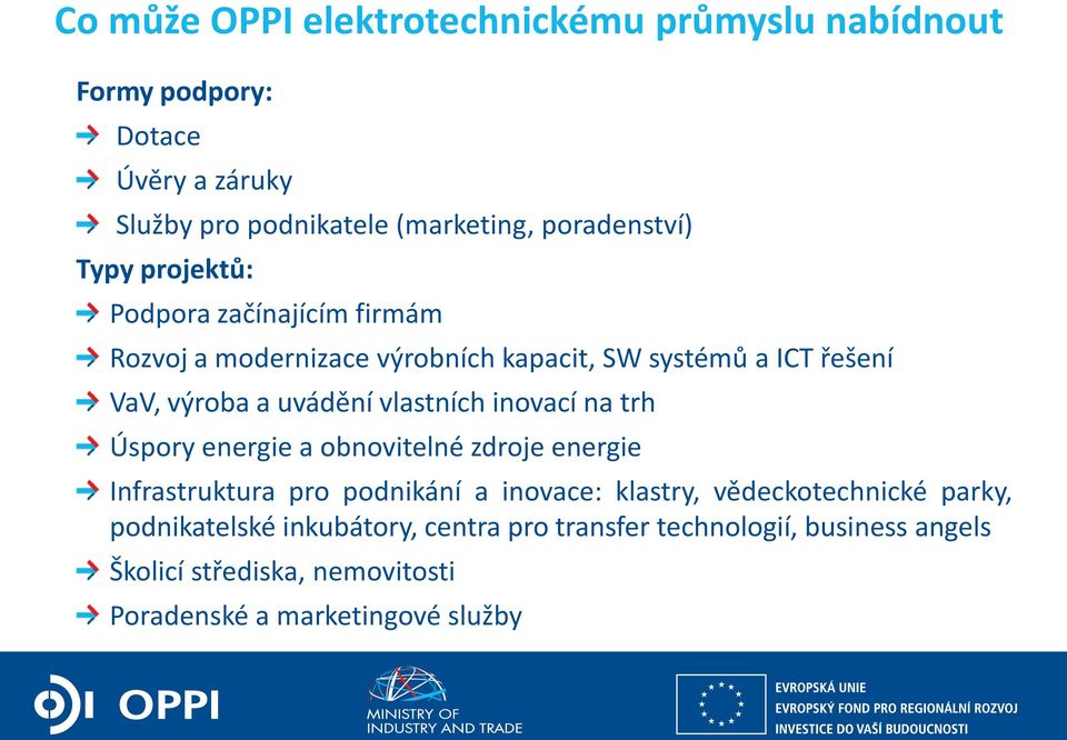 vlastních inovací na trh Úspory energie a obnovitelné zdroje energie Infrastruktura pro podnikání a inovace: klastry, vědeckotechnické