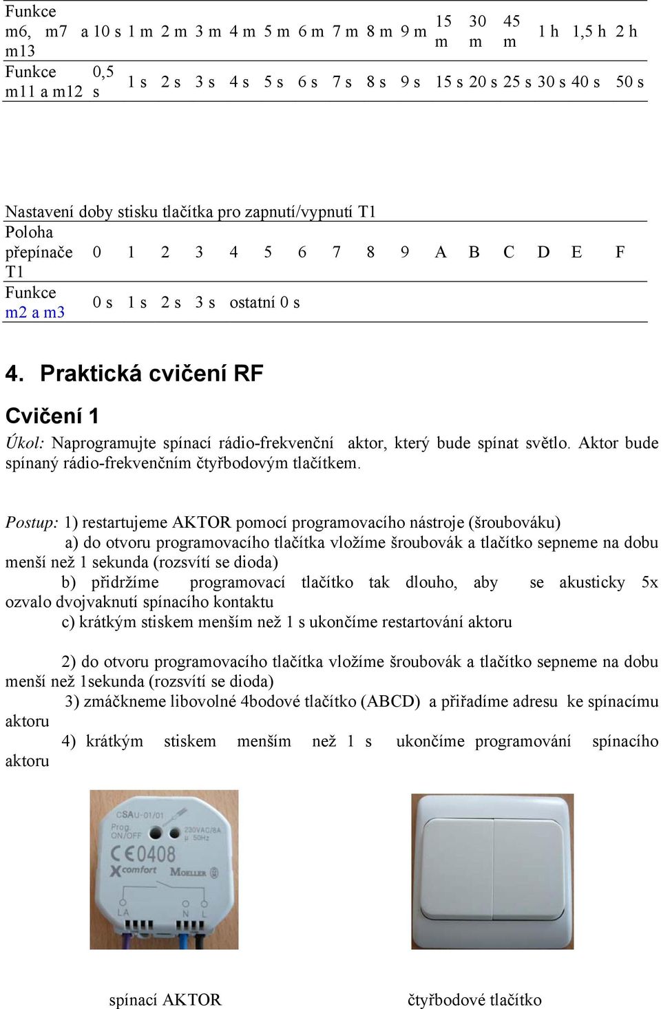 Praktická cvičení RF Cvičení 1 Úkol: Naprogramujte spínací rádio-frekvenční aktor, který bude spínat světlo. Aktor bude spínaný rádio-frekvenčním čtyřbodovým tlačítkem.