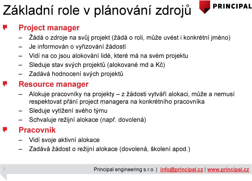 Resource manager Alokuje pracovníky na projekty z žádosti vytváří alokaci, může a nemusí respektovat přání project managera na konkrétního pracovníka